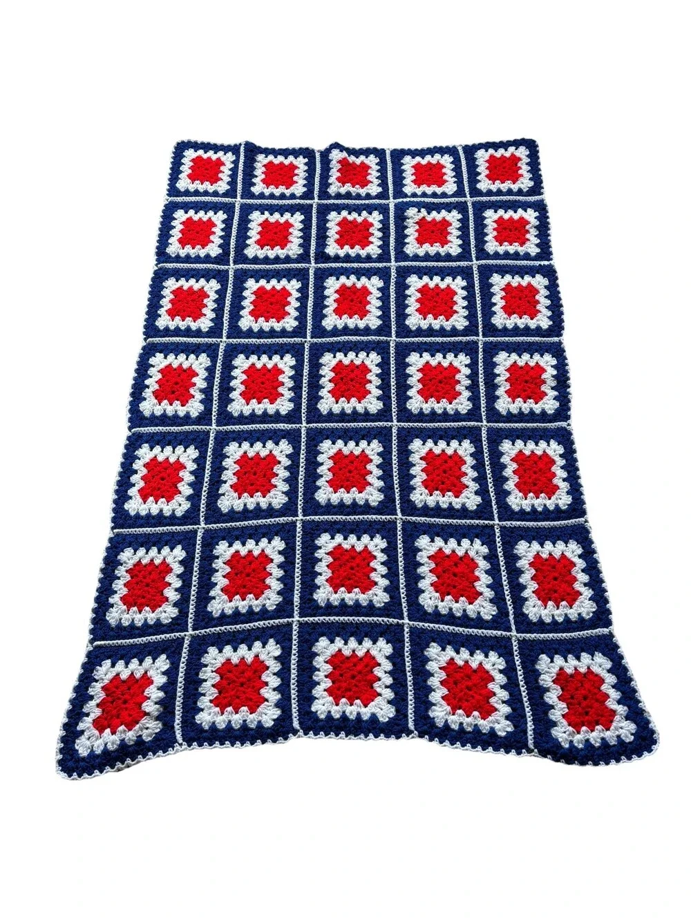 Vintage Handmade Afghan Crochet Blanket Quilt Granny Square American Flag 56x38”